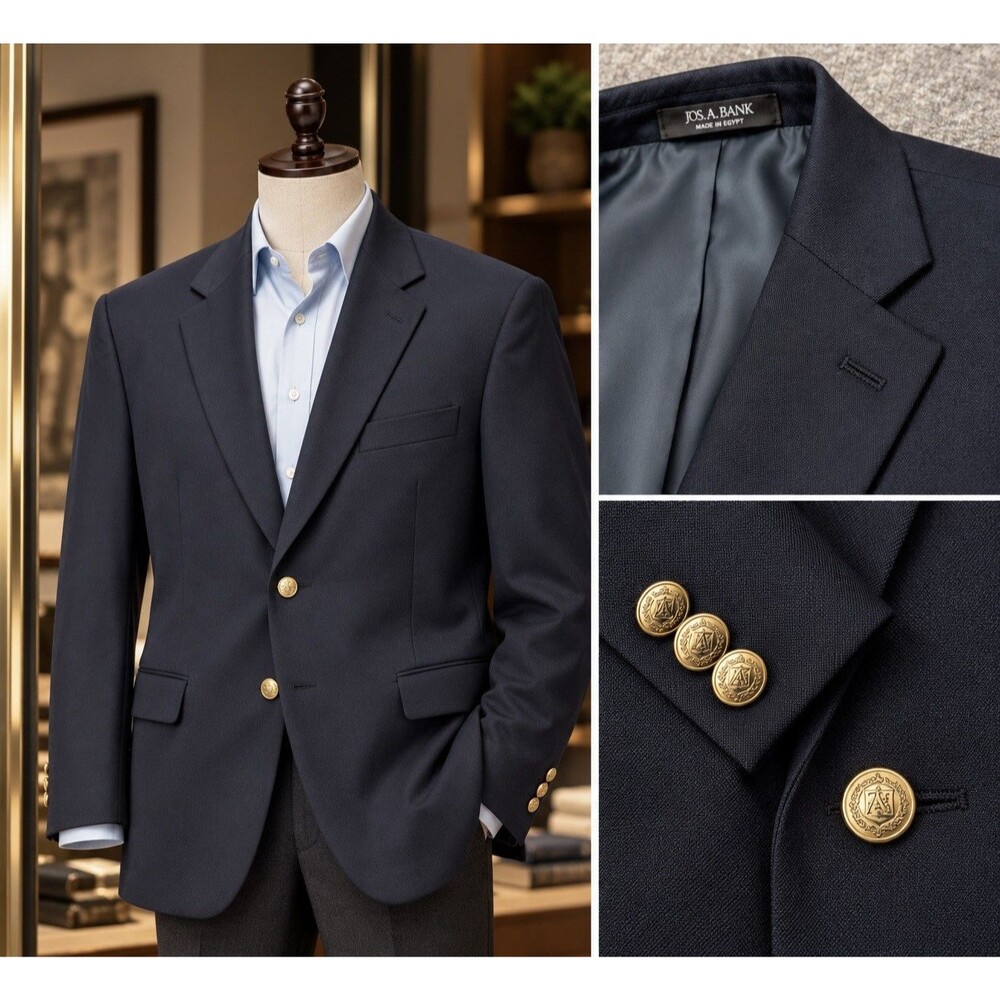 Jos A Bank Signature Blazer 46L Navy Blue 100% Wool Traditional Fit Gold Buttons